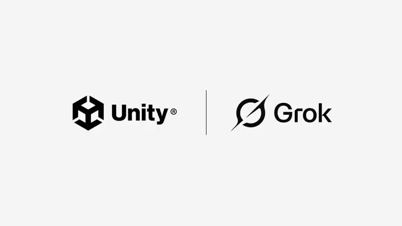 Beyaz zemin üzerinde Unity logosu ile Grok Build logosu yan yana.