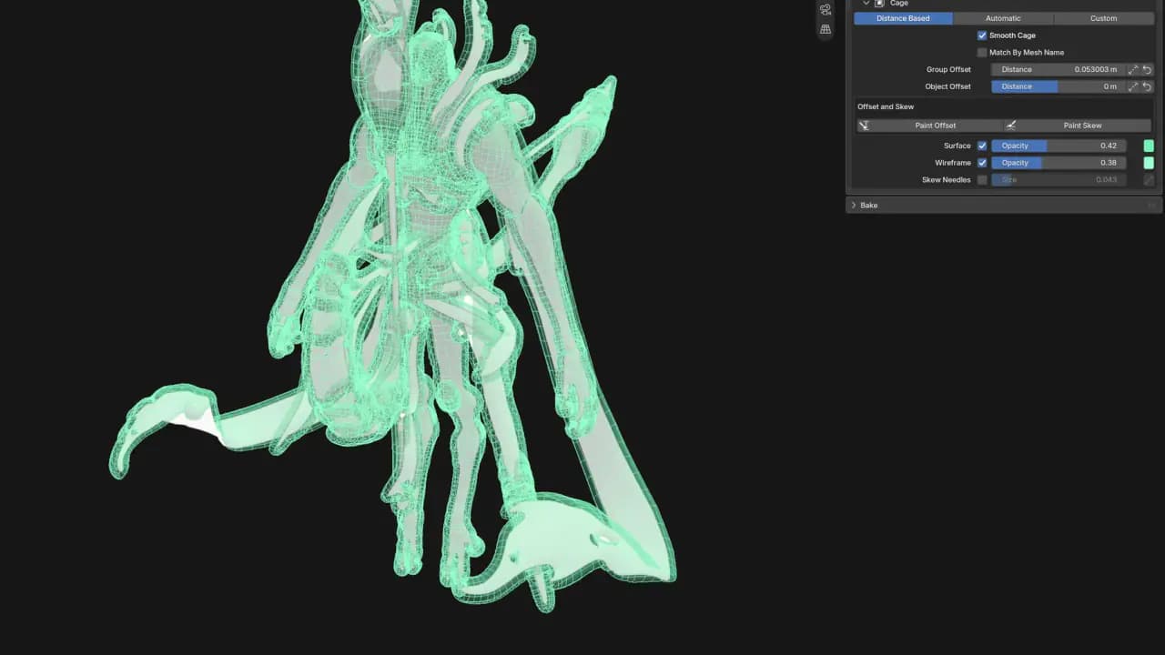 Viewport'ta low-poly üzerine canlı çizilen cage kapsaması; bake'in ulaşacağı alana yakın bir tahmin. Skew iğneleri de projeksiyon yönünü gösteriyor