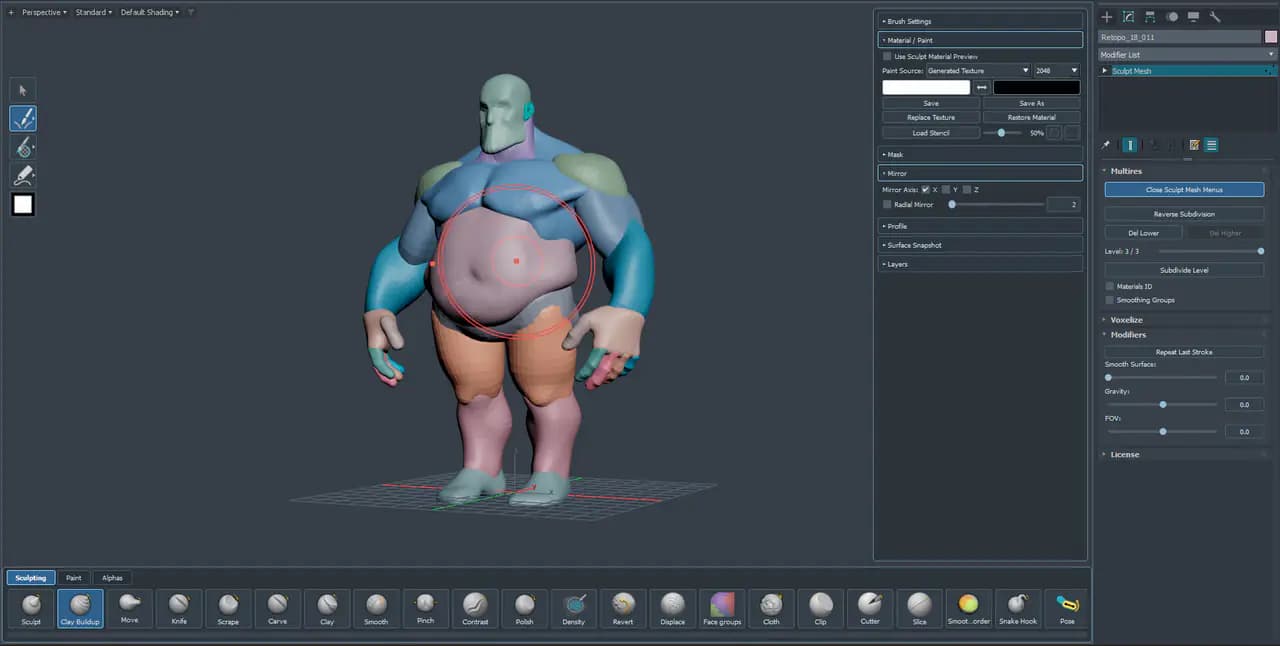 Sculpt Mesh'in ana çalışma alanı: sol araç çubuğu, alttaki araç şeridi, sağdaki paneller ve Modify paneli