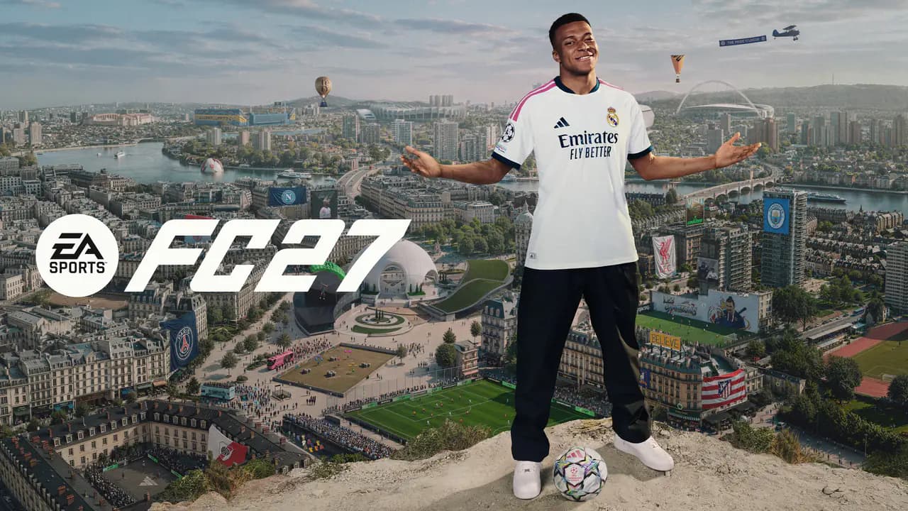 EA Sports FC 27 ana görseli: Real Madrid formalı Kylian Mbappé, stadyumlar, kulüp bayrakları ve simge yapılarla dolu bir şehir manzarasının üstünde, bir topun üzerinde kollarını açmış duruyor.