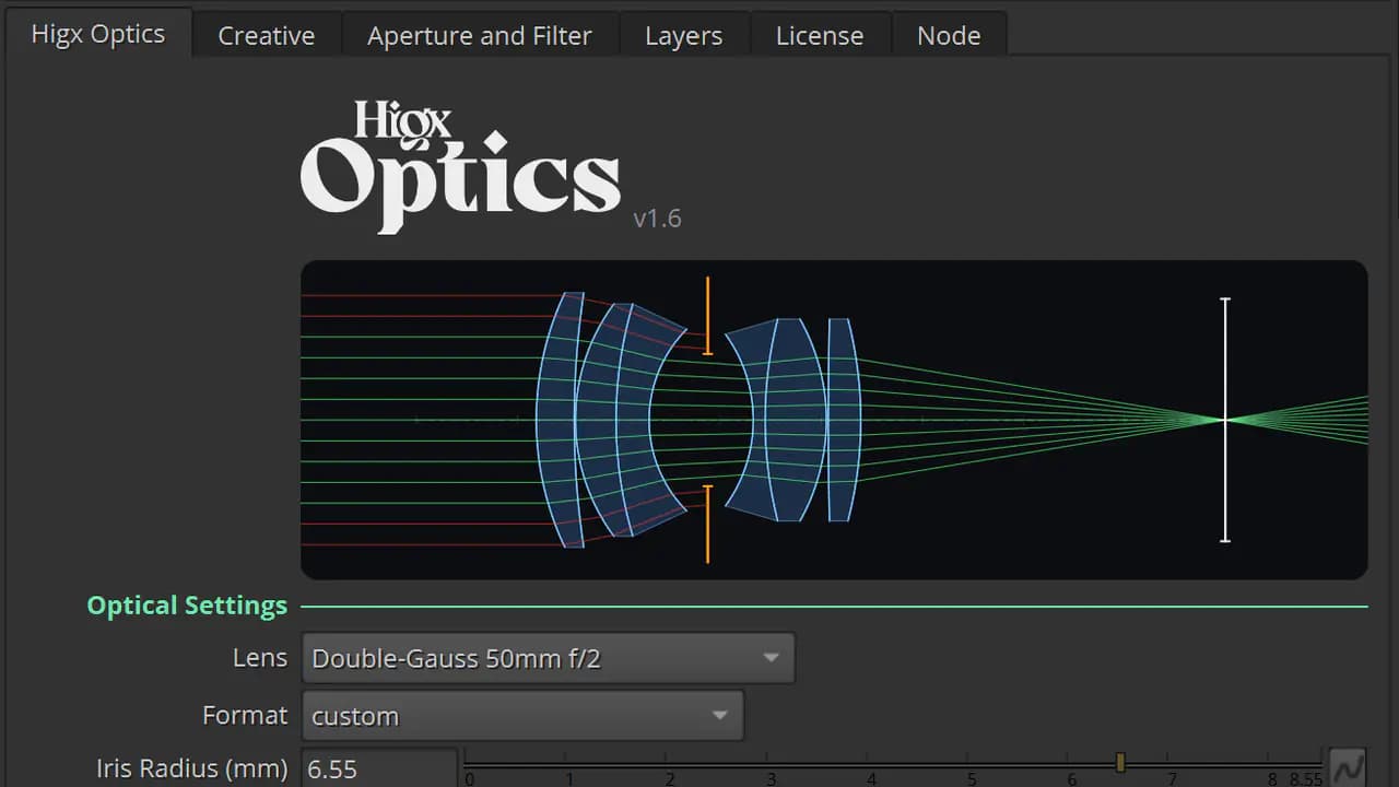 Nuke'teki Higx Optics paneli; üstte lens kesiti çizili