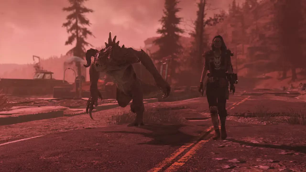 Bir ghoul ve deathclaw'ı bir yolda yürüyor.