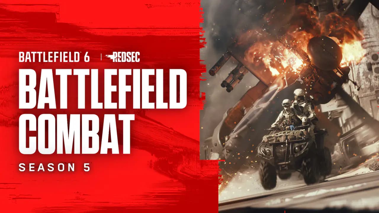 Patlayan bir helikopterin altında ATV'yle ilerleyen iki asker; kırmızı zemin üzerinde “Battlefield 6 REDSEC Battlefield Combat Season 5” yazısı.