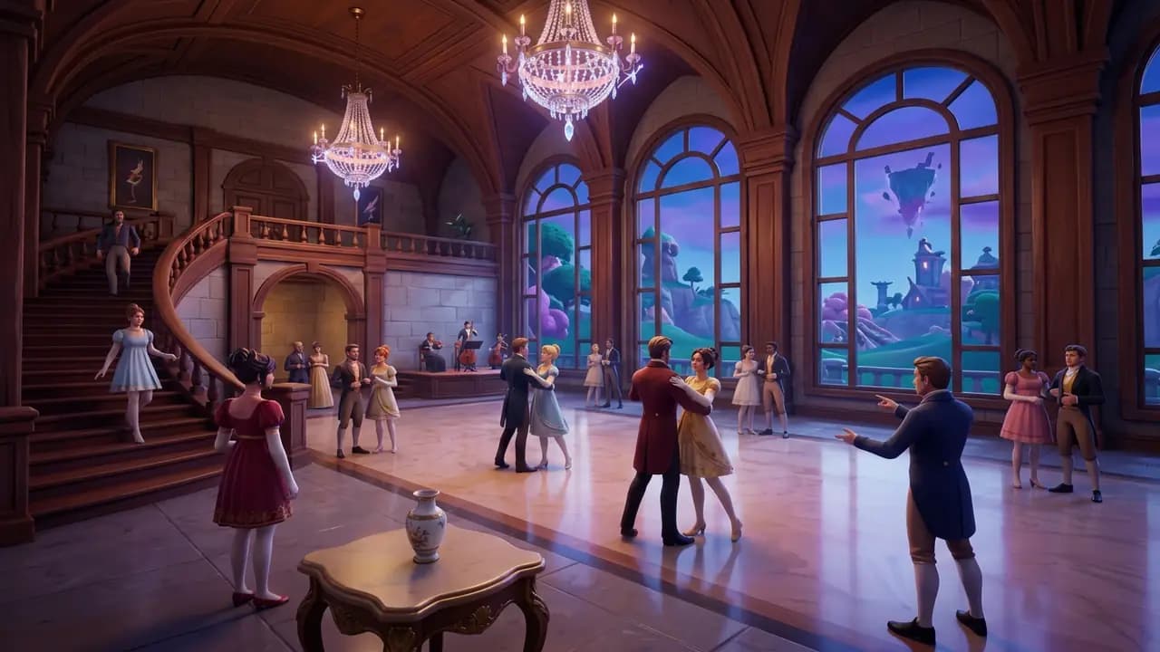 Regency dönemi bir balo salonunda toplanmış karakterler