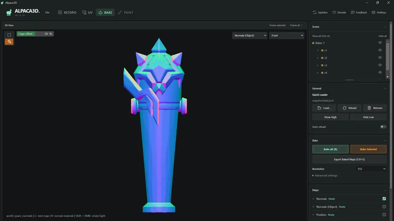 Bake çalışma alanı: düşük poligonlu model üzerinde bake edilmiş object-space normaller