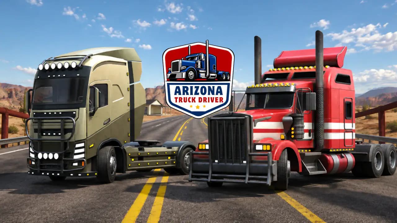 Arizona Truck Driver ana görseli: çöldeki bir otoyolda iki kamyon