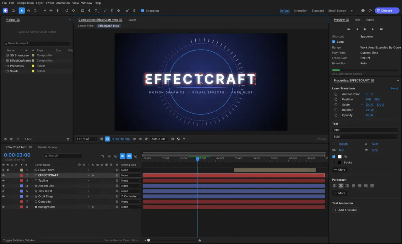EffectCraft'ın kompozisyon paneli: animasyonlu EFFECTCRAFT başlığı, proje paneli, metin, şekil ve düz renk katmanlarından oluşan zaman çizelgesi ve özellikler paneli