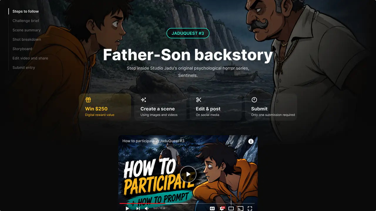 Sentinels için JaduQuest #3 “Father-Son backstory” sayfası: ay ışığında bir uçurumda bir çocuk ve babası, üstünde katılım adımları