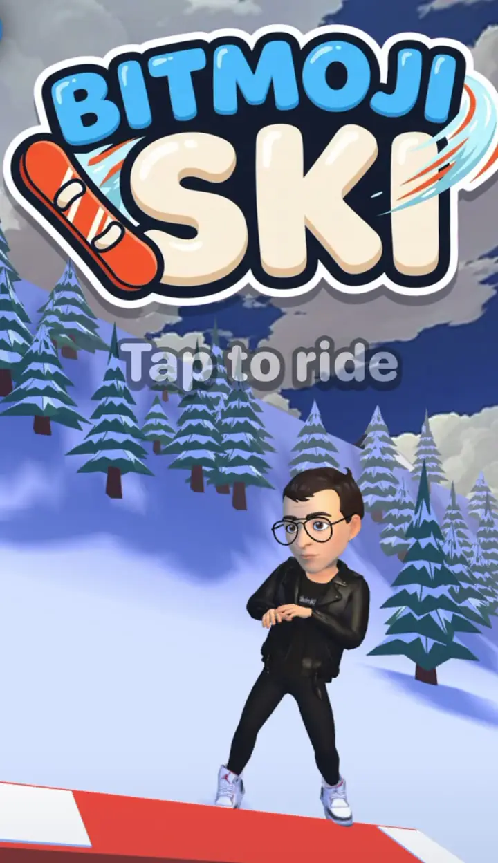 Oyuncunun Bitmoji'si, Bitmoji Ski'nin açılış ekranında snowboard üzerinde