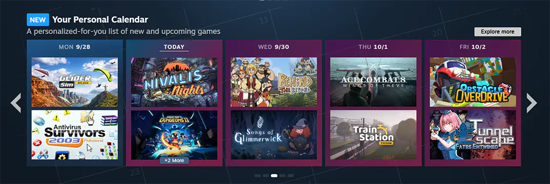 Steam mağazasının ana sayfasındaki Kişisel Takvim