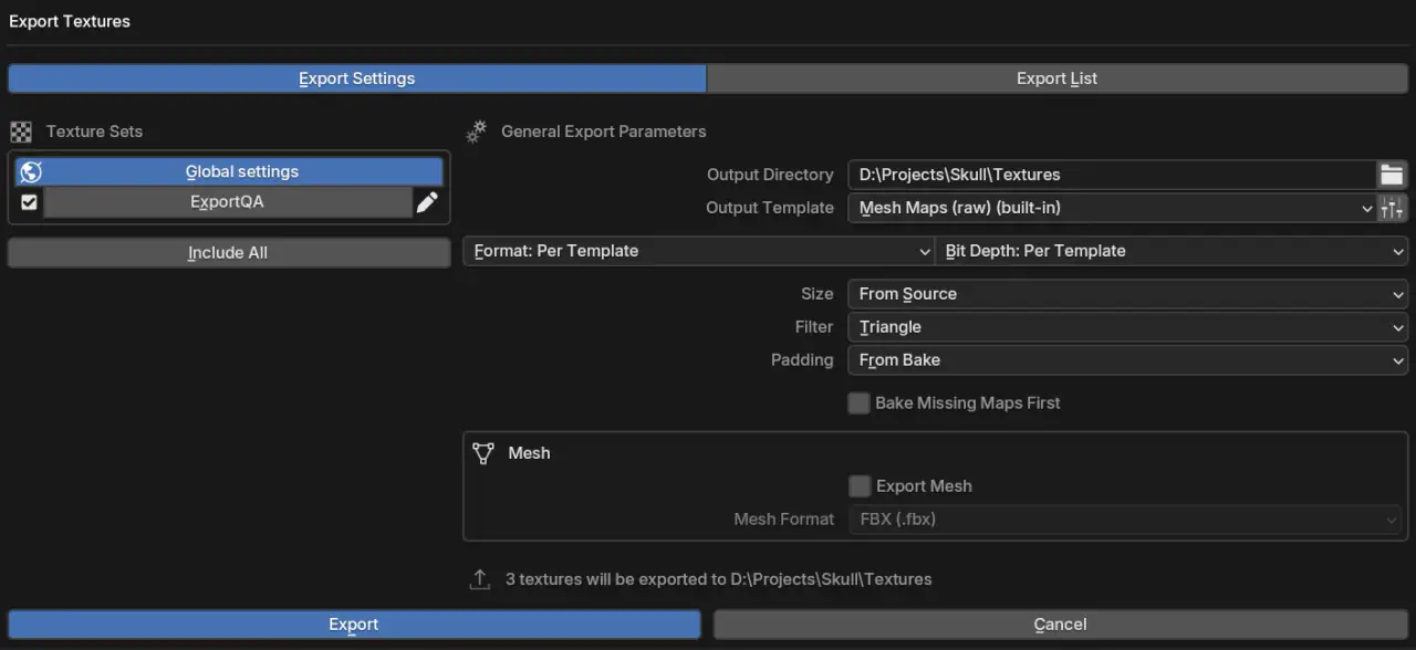 Export Textures penceresi: çıktı şablonu seçiliyor, doku seti başına boyut, filtre ve padding değiştirilebiliyor, eksik haritalar isteğe bağlı olarak önce bake ediliyor