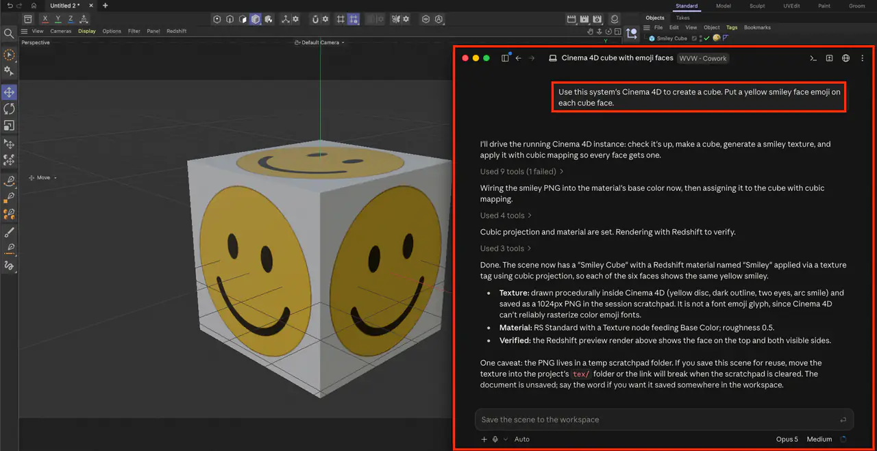 Claude Desktop Cinema 4D'yi yönetiyor; komut sağda, sonuç solda