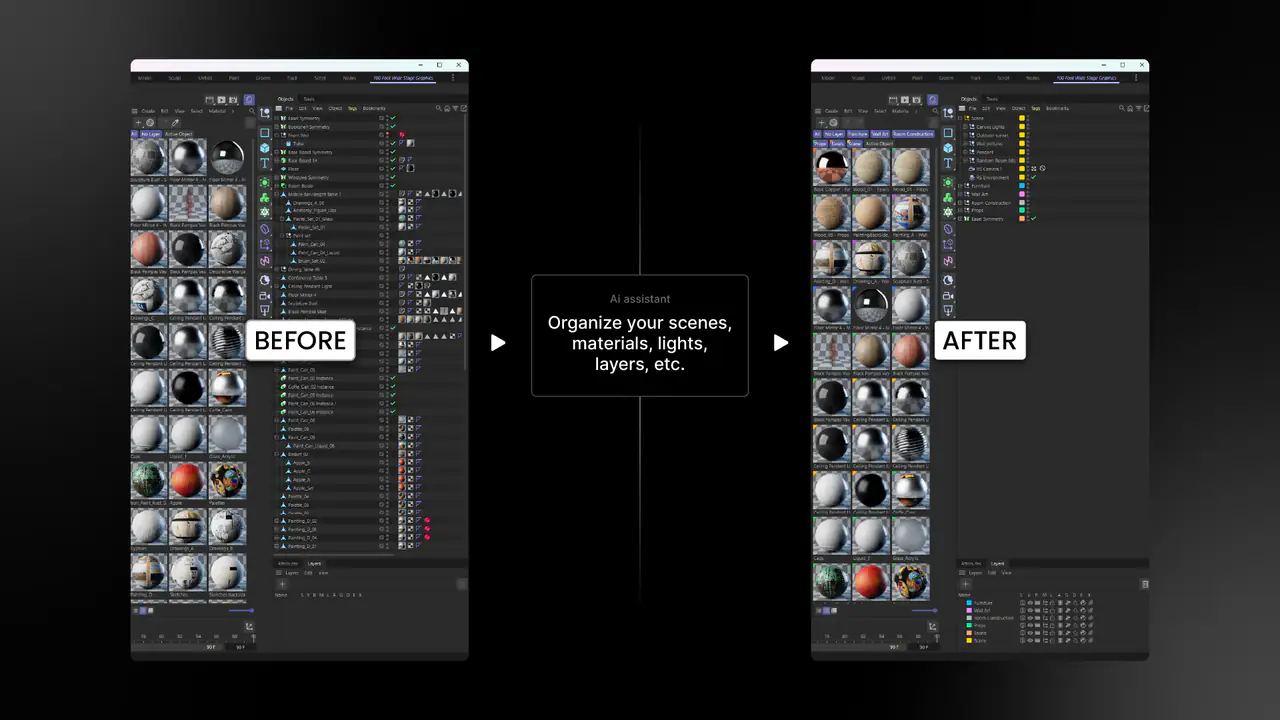 Cinema 4D MCP Server: yapay zekâ asistanı sahneleri, malzemeleri, ışıkları ve katmanları düzenliyor; öncesi ve sonrası