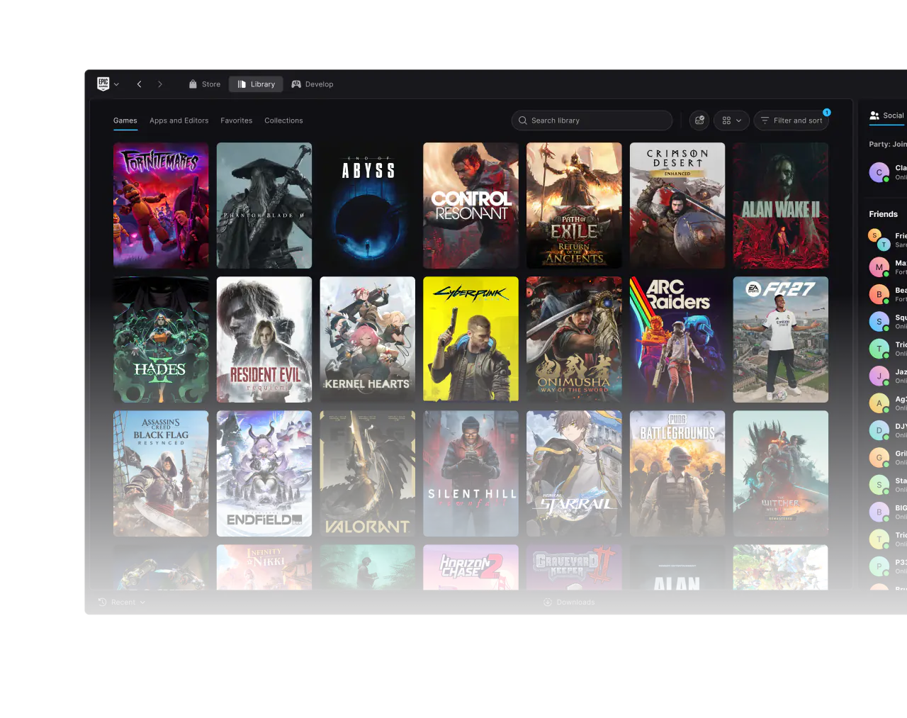 Yeni Epic Games Launcher'ın kitaplığı: Store, Library ve Develop sekmelerinin altında oyun kapaklarından oluşan bir ızgara