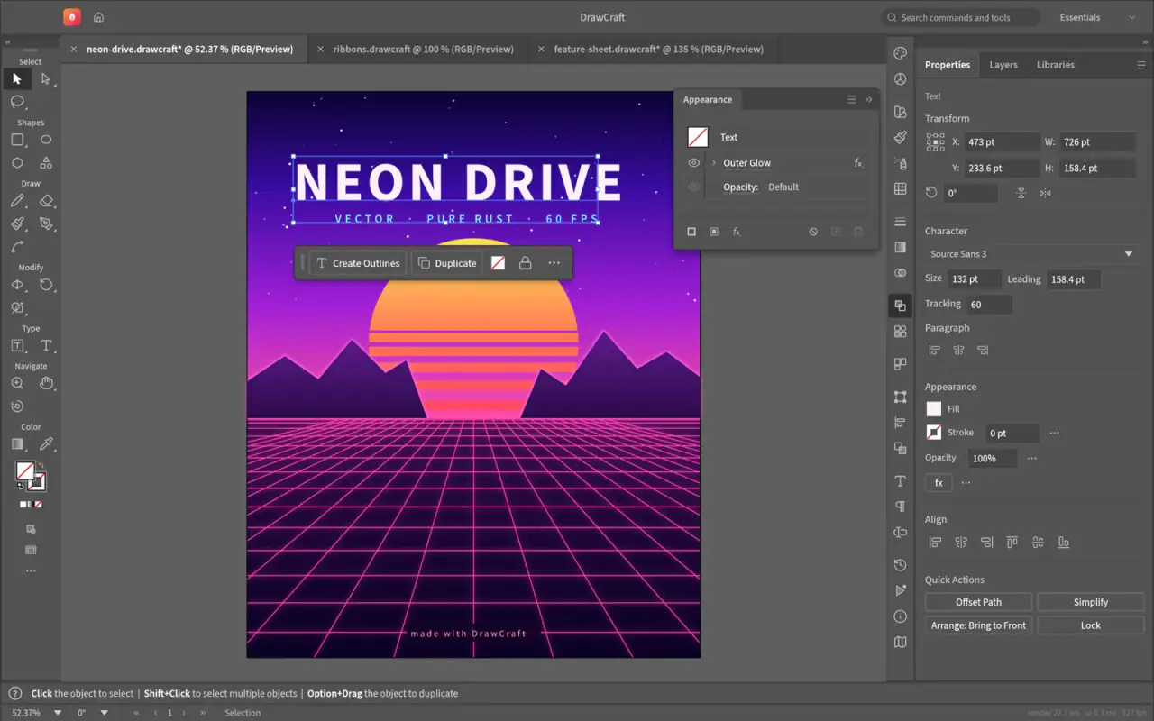 VectorCraft, Appearance panelinde dış parıltı verilmiş Neon Drive adlı synthwave afişini düzenlerken