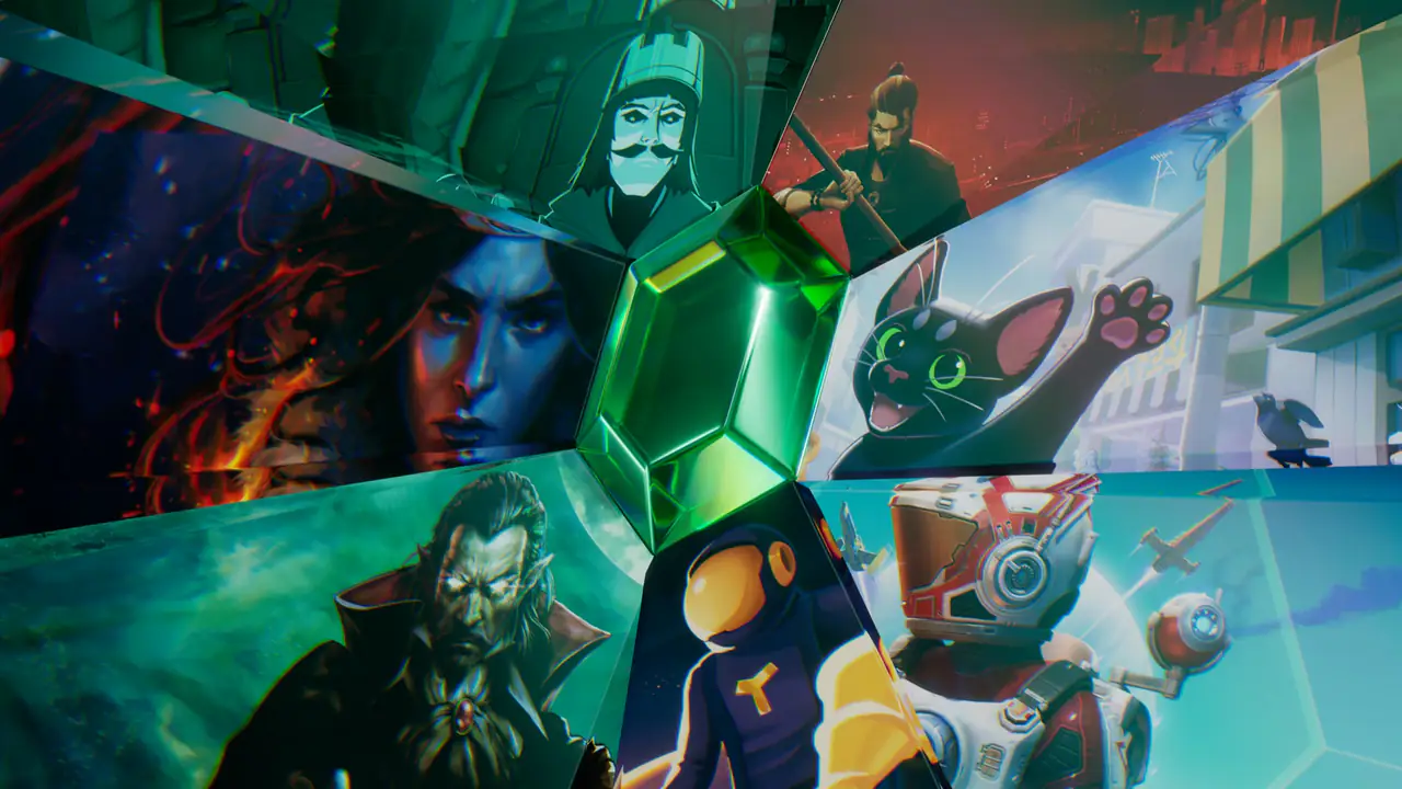 Yeşil bir mücevherden yayılan yedi ışının her birinde Sifu; Little Kitty, Big City; No Man's Sky; Dome Keeper; Vampire Crawlers; Yes, Your Grace 2: Snowfall ve 9 Kings'ten bir görüntü var.